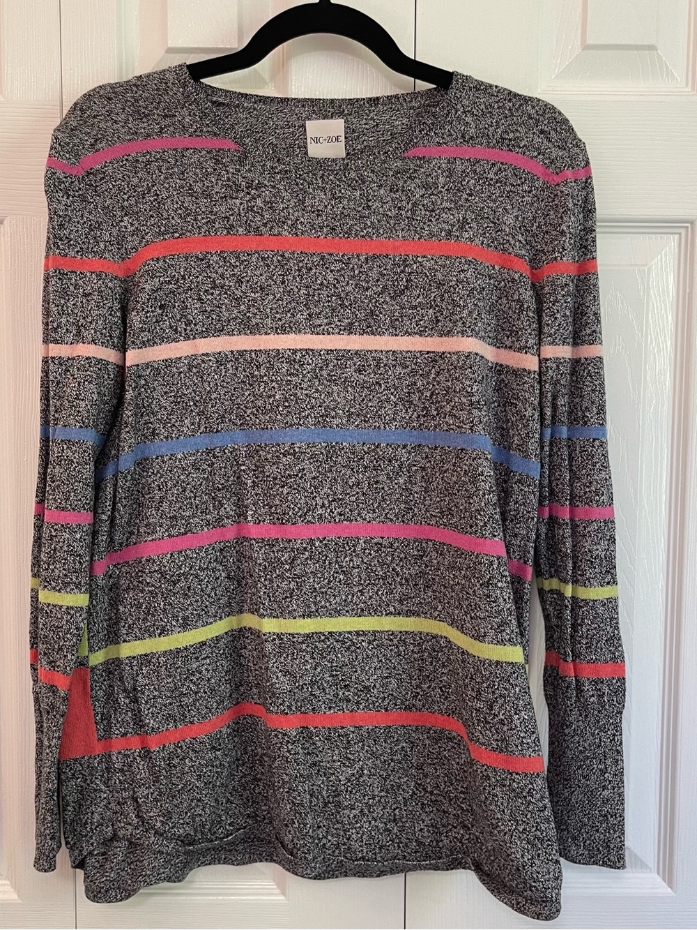 NIC+ZOE Gray Marled Crewneck Sweater with Multicolor Stripes